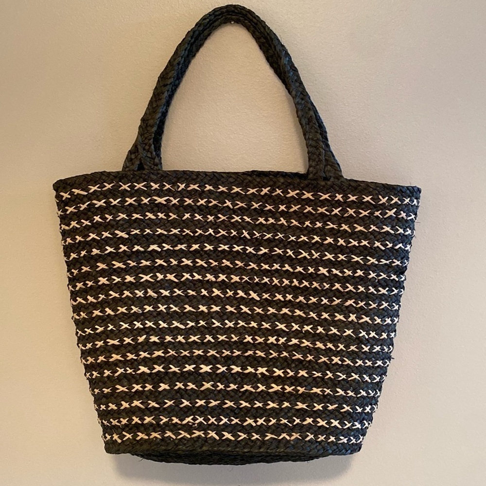 Annabel Ingall Australian Raffia Small Bibi Tote Gray V Deep Green Tan Cross Bag